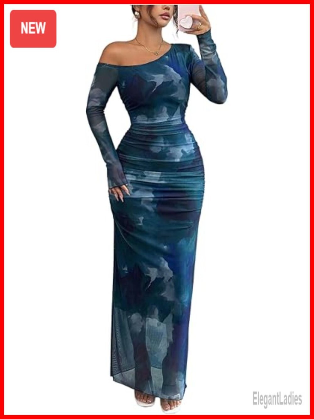 Long Sleeve Tie Dye Maxi Dress Off Shoulder Mesh Bodycon Club Dress